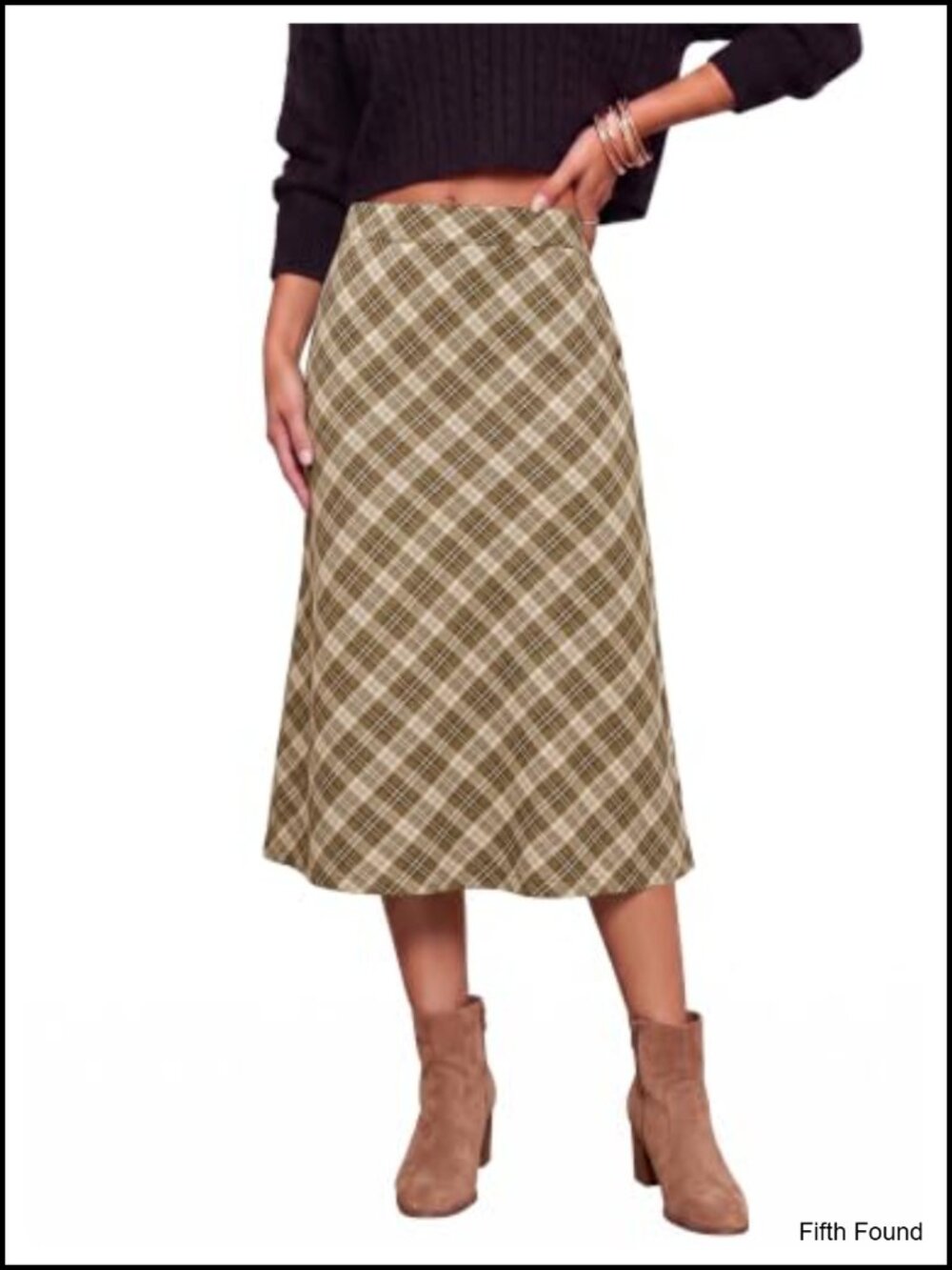 Plaid Midi Skirt High Waisted A-Line Elastic Waist Casual Work Fall